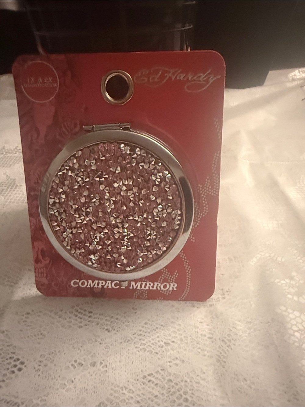 Ed Hardy Pink Crystal Compact Mirror with Silver Frame
